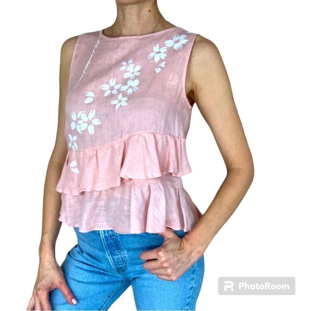 Zara light pink linen sleeves top , hand painted flowers, size Small